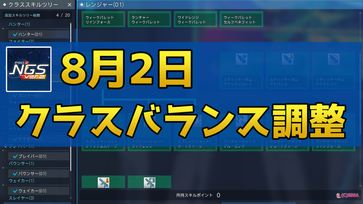 【PSO2NGS】8月2日にクラスバランス調整が実施されます