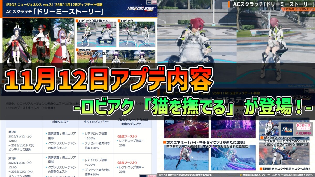 【PSO2NGS】2025年11月12日アプデ内容 -ロビアク「猫を撫でる」が登場！-